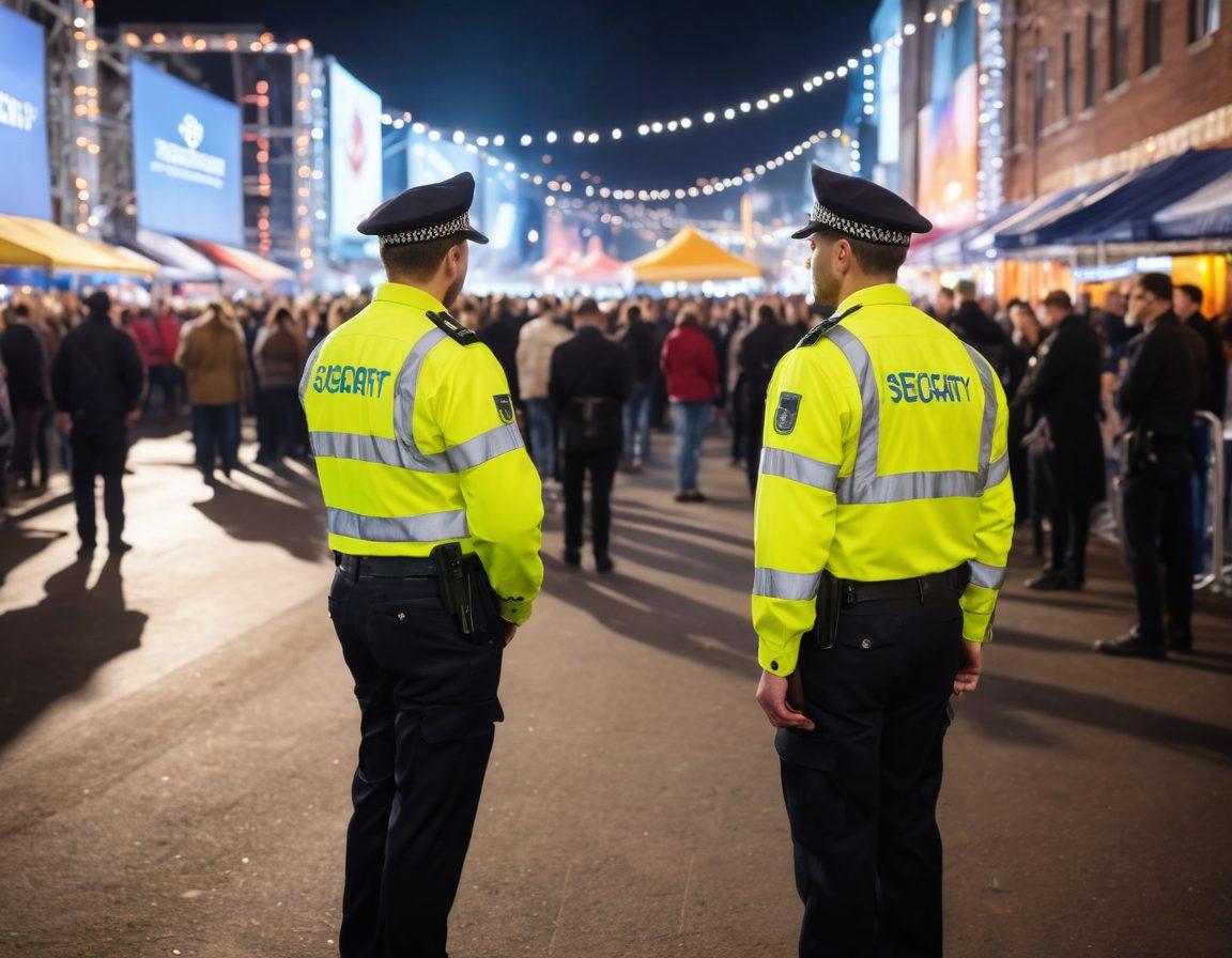 A dynamic scene showcasing a well-organized crowd at an outdoor event, with professional security personnel actively managing the environment, utilizing communication devices. The security guards are diverse in appearance, wearing uniforms with clear insignia, while engaging with both attendees and fellow officers. Bright festival lights illuminate the background, reflecting a safe and vibrant atmosphere. Include details like barriers and  signage promoting safety. super-realistic. vibrant colors. event atmosphere.