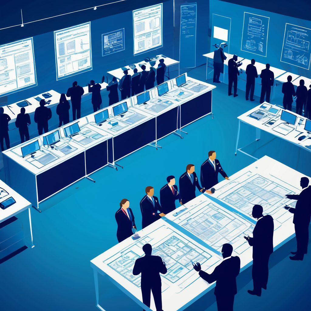 A detailed illustration of a diverse team of security professionals, analyzing blueprints of an event venue, surrounded by security equipment like cameras and radios. The background shows a bustling event scene with attendees enjoying themselves, while a clear security plan is displayed prominently. Emphasize teamwork, strategy, and a sense of preparedness. vibrant colors. vector art.